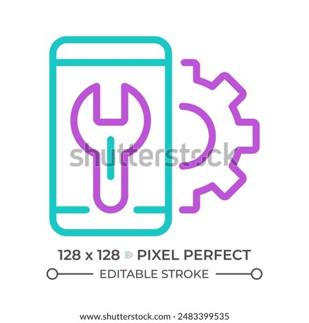 Smartphone settings two color line icon. Mobile phone configuration. Personalize device. Fix cellphone bicolor outline symbol. Duotone linear pictogram. Isolated illustration. Editable stroke