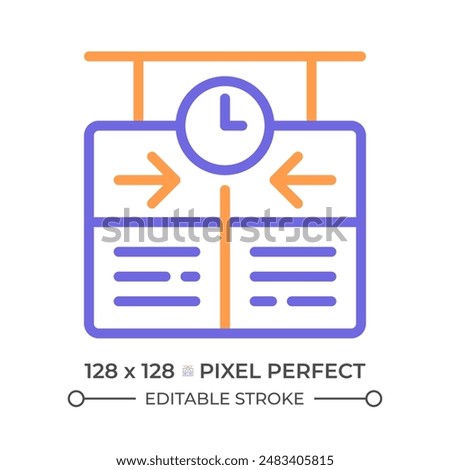 Timetable two color line icon. Train schedule. Arrival departure board. Passenger information system bicolor outline symbol. Duotone linear pictogram. Isolated illustration. Editable stroke