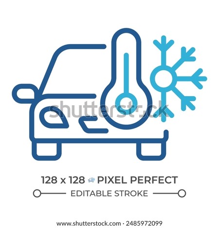 Car air conditioner two color line icon. Climate control. Auto with thermometer and a snowflake bicolor outline symbol. Duotone linear pictogram. Isolated illustration. Editable stroke