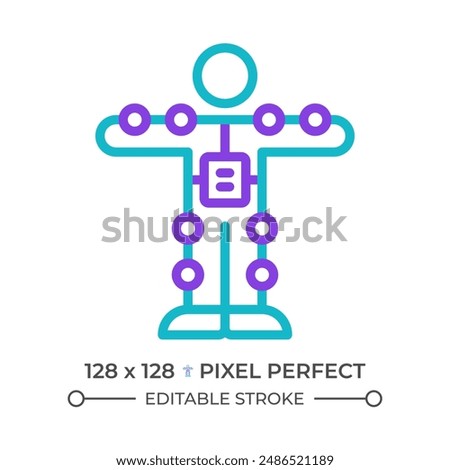 Motion capture suit two color line icon. Virtual reality technology. Immersive experience. Innovation bicolor outline symbol. Duotone linear pictogram. Isolated illustration. Editable stroke