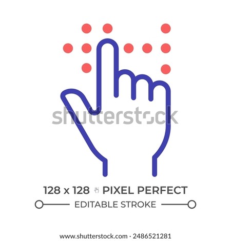 Braille reading two color line icon. Index finger bicolor outline symbol. Visually impaired. Blind person. Special education. Duotone linear pictogram. Isolated illustration. Editable stroke