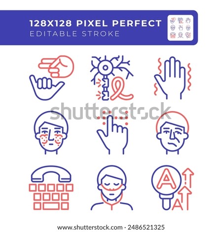 Neurology disease two color line icons set. Deaf nonverbal communication. Face paralysis, genetic disorder. bicolor outline iconset isolated. Duotone pictograms thin linear. Editable stroke