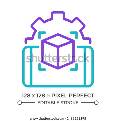 AR development two color line icon. Design augmented reality software. Immersive tech. Smartphone and gear bicolor outline symbol. Duotone linear pictogram. Isolated illustration. Editable stroke