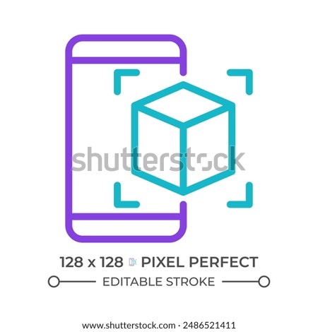 AR technology two color line icon. Augmented reality app. Immersive experience. Smartphone and 3d cube bicolor outline symbol. Duotone linear pictogram. Isolated illustration. Editable stroke