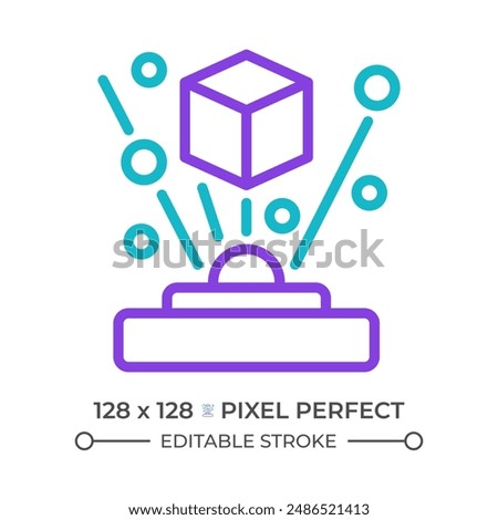 Hologram two color line icon. Virtual image. Augmented reality technology. Light projection of cube bicolor outline symbol. Duotone linear pictogram. Isolated illustration. Editable stroke