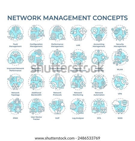 Network management soft blue concept icons. Local area network. Digital infrastructure. System architecture. Server security. Icon pack. Vector images. Round shape illustrations. Abstract idea