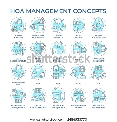 HOA management soft blue concept icons. Home owner association. Property management. Neighborhood. Administrative tasks. Icon pack. Vector images. Round shape illustrations. Abstract idea