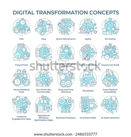 Digital transformation soft blue concept icons. Implementation of digital technologies. Business process. Strategies. Icon pack. Vector images. Round shape illustrations. Abstract idea