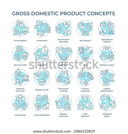 Gross domestic product soft blue concept icons. Country economy. Market value. Economic growth. Goods and services. Icon pack. Vector images. Round shape illustrations. Abstract idea