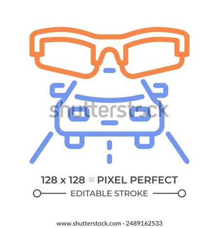 Car and eyeglasses two color line icon. Auto driving sunglasses. Eye protection, driving safety and travel bicolor outline symbol. Duotone linear pictogram. Isolated illustration. Editable stroke