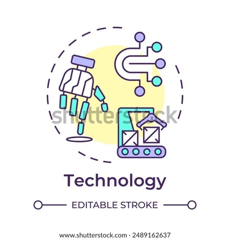 Technology multi color concept icon. PPT framework. Business solutions. Manufacturing and production line. Round shape line illustration. Abstract idea. Graphic design. Easy to use in article