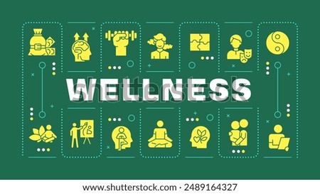 Wellness green word concept. Mental well being, spirituality. Therapeutic meditation, dosha. Visual communication. Vector art with lettering text, editable glyph icons