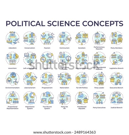 Political science multi color concept icons. Government structure and social politics. Political ideology. Law regulation. Icon pack. Vector images. Round shape illustrations. Abstract idea