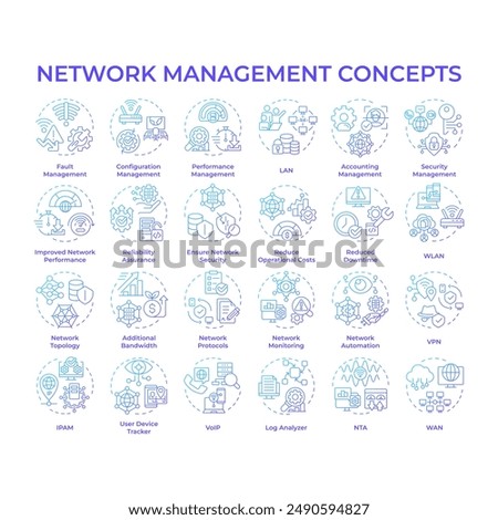 Network management blue gradient concept icons. Local area network. Digital infrastructure. System architecture. Server security. Icon pack. Vector images. Round shape illustrations. Abstract idea