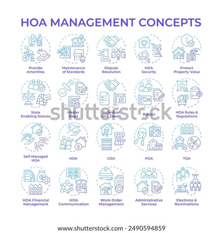 HOA management blue gradient concept icons. Home owner association. Property management. Neighborhood. Administrative tasks. Icon pack. Vector images. Round shape illustrations. Abstract idea