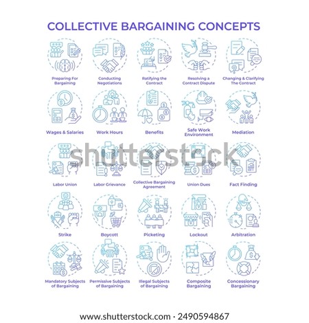 Collective bargaining blue gradient concept icons. Negotiations process. Labor relations. Employee rights. Labor unions. Icon pack. Vector images. Round shape illustrations. Abstract idea