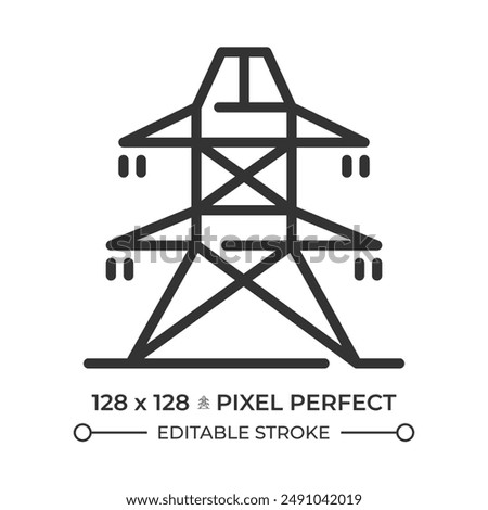 Power line pixel perfect linear icon. High voltage tower. Electricity pylon, electrification. Energy supply, cables. Thin line illustration. Contour symbol. Vector outline drawing. Editable stroke