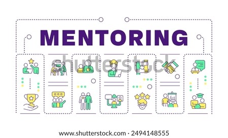 Mentorship word concept isolated on white. Professional support. Guidance and patronage. Creative illustration banner surrounded by editable line colorful icons. Hubot Sans font used