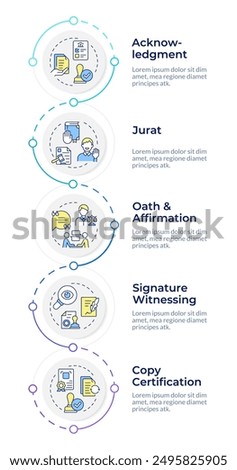 Types of notary service infographic design template. Solemn pledge, oath. Legal agreement. Data visualization 5 options. Process vertical flow chart