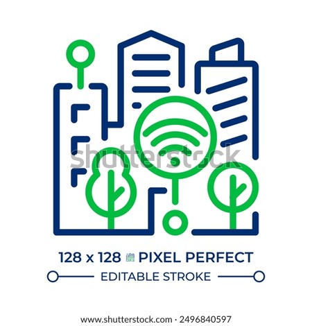 Smart city two color line icon. Iot infrastructure system, connectivity. Urban architecture. Modern skyscrapers bicolor outline symbol. Duotone linear pictogram. Isolated illustration. Editable stroke