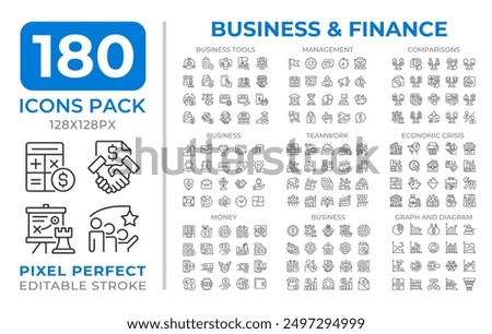 Business finance line icons set collection. Corporate teamwork. Economic crisis. Financial management mega pack of linear pictograms, pixel perfect. Isolated vector illustrations. Editable stroke