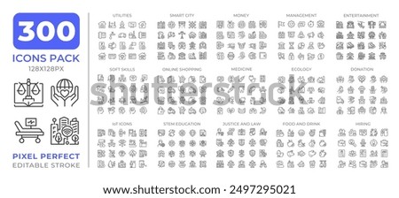 Daily life and technology line icons set collection. Education, ecology. IoT utilities, money, lifestyle mega pack of linear pictograms, pixel perfect. Isolated vector illustrations. Editable stroke