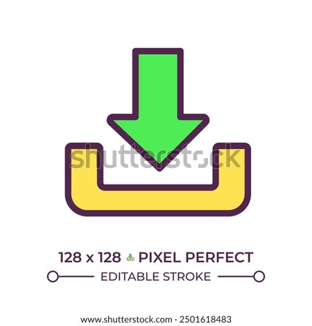 Download RGB color icon. Downward arrow. User interface button. Data transfer and management. Files transfer. Isolated vector illustration. Simple filled line drawing. Editable stroke