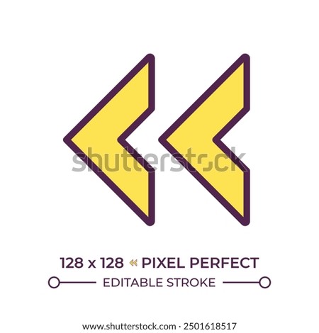 Double left arrow RGB color icon. Symbolizing rewind, previous or back functions in media applications. Mediaplayer. Isolated vector illustration. Simple filled line drawing. Editable stroke