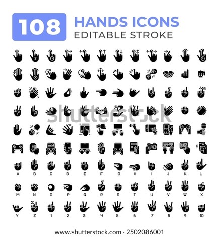 Devices holding hands gestures glyphs icons big set. Using gadgets. Finger touchscreen. Deaf sign language asl iconset solid signs. Silhouettes symbols. Vector isolated illustrations. Editable stroke