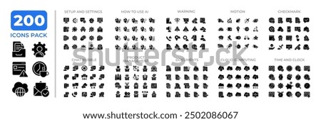 Modern computer technology glyphs icon set collection. Warning, motion, checkmark. AI, documents, time mega pack of black solid symbols, pixel perfect. Isolated vector illustrations. Editable stroke