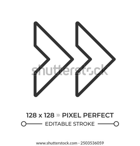 Double right arrow linear icon. Symbolize fast forward, skip or next functions in media applications. Thin line illustration. Contour symbol. Vector outline drawing. Editable stroke