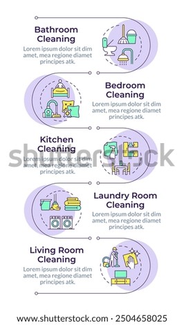 Home cleaning infographic vertical sequence. Dusting furniture, housework. Housekeeping service. Visualization infochart with 5 steps. Circles workflow