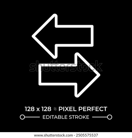 Switch arrow white linear icon for dark theme. Symbol of interaction, exchange. Double arrow. Opposite direction. Swap sign. Thin line illustration. Isolated symbol for night mode. Editable stroke