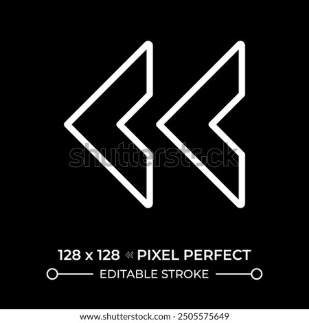 Double left arrow white linear icon for dark theme. Symbolizing rewind, previous or back functions in media applications. Thin line illustration. Isolated symbol for night mode. Editable stroke