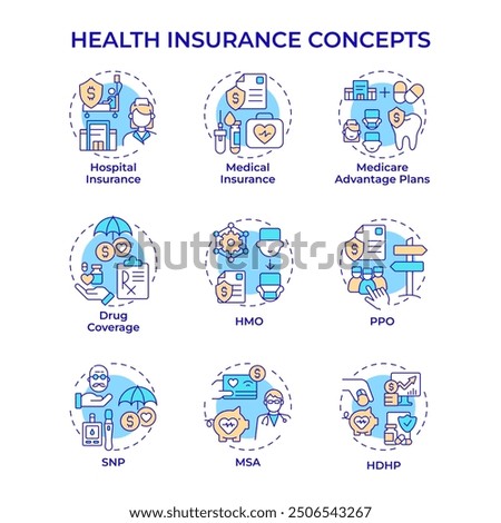 Health insurance multi color concept icons. Medical coverage. Hospital insurance. Health plans. Healthcare provider. Icon pack. Vector images. Round shape illustrations. Abstract idea