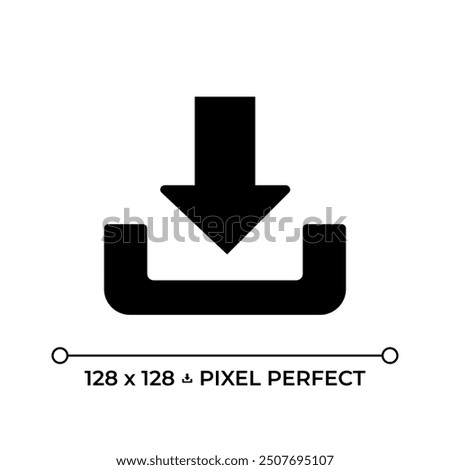 Download black glyph icon. Downward arrow. User interface button. Data transfer and management. Files transfer. Silhouette symbol on white space. Solid pictogram. Vector isolated illustration