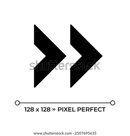 Double right arrow black glyph icon. Symbolize fast forward, skip or next functions in media applications. Silhouette symbol on white space. Solid pictogram. Vector isolated illustration