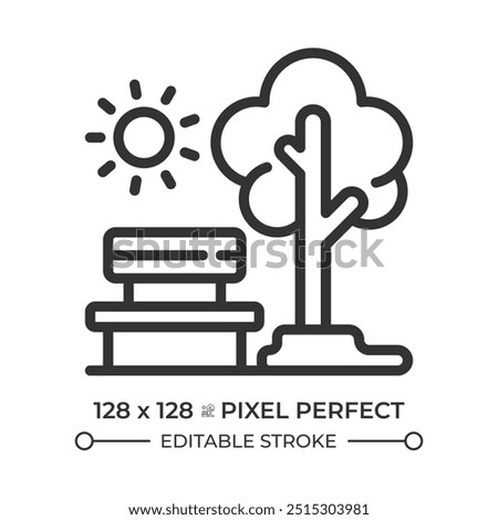 Green public spaces linear icon. Public park bench and tree. Outdoor recreation. Urban park. Nature landscape. Thin line illustration. Contour symbol. Vector outline drawing. Editable stroke