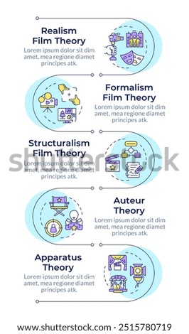 Film narrative theories infographic vertical sequence. Filmmaking, entertainment. Visualization infochart with 5 steps. Circles workflow