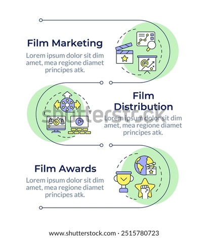 Movie marketing strategy infographic vertical sequence. Distribution film, streaming. Visualization infochart with 3 steps. Circles workflow