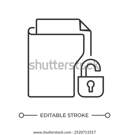 Secured folder linear icon. Unlocked file. Document access. Open lock. Data security. Privacy permission. Thin line illustration. Contour symbol. Vector outline drawing. Editable stroke