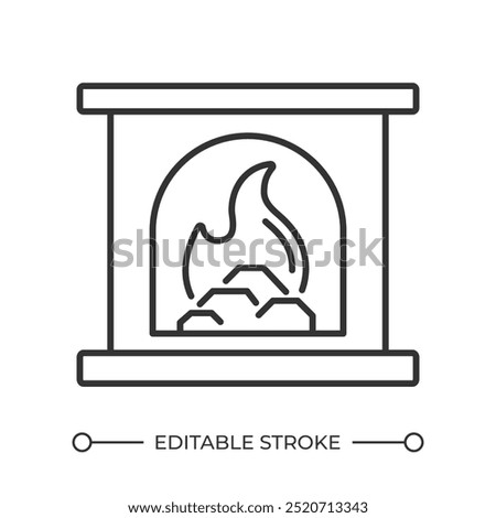 Fireplace linear icon. Home heating fire. Interior element. Comfort and warmth. Indoor fire. Wood burning. Thin line illustration. Contour symbol. Vector outline drawing. Editable stroke