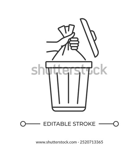 Garbage bin linear icon. Waste disposal concept. Hand holding garbage bag. Bin lid. Waste management. Thin line illustration. Contour symbol. Vector outline drawing. Editable stroke