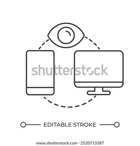 Digital surveillance linear icon. Tracking data. Synchronization. Remote access. Privacy problem concept. Thin line illustration. Contour symbol. Vector outline drawing. Editable stroke