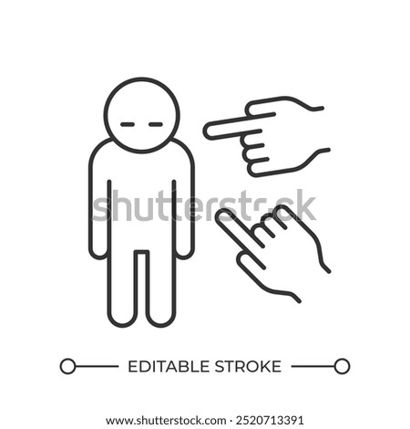 Bullying linear icon. Judgment and social pressure. Pointing fingers at person. Emotional abuse. Public shaming. Thin line illustration. Contour symbol. Vector outline drawing. Editable stroke