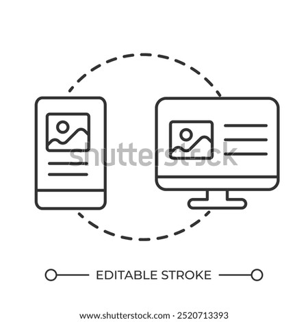 Data transfer linear icon. File sharing. Data migration. Device synchronization. Mobile to desktop transfer. Thin line illustration. Contour symbol. Vector outline drawing. Editable stroke