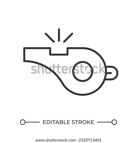 Whistle linear icon. Sports equipment. Coaching. Referee whistle. Alert signal. Attention sound during game. Thin line illustration. Contour symbol. Vector outline drawing. Editable stroke