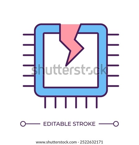 Broken CPU RGB color icon. Central processing unit failure. Hardware malfunction. Cracked microchip concept. Isolated vector illustration. Simple filled line drawing. Editable stroke