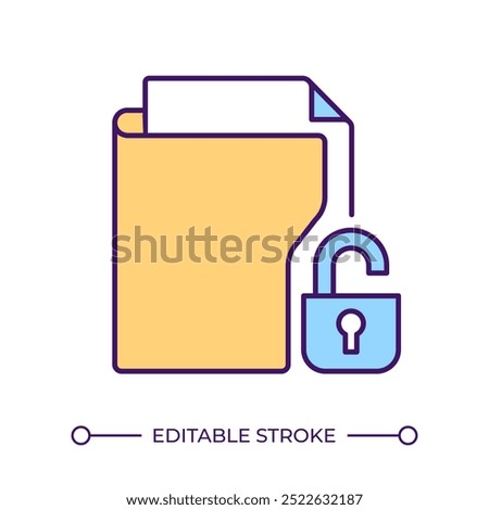 Secured folder RGB color icon. Unlocked file. Document access. Open lock. Data security. Privacy permission. Isolated vector illustration. Simple filled line drawing. Editable stroke