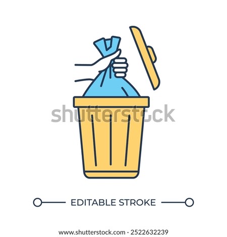 Garbage bin RGB color icon. Waste disposal concept. Hand holding garbage bag. Bin lid. Waste management. Garbage can. Isolated vector illustration. Simple filled line drawing. Editable stroke